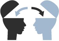 Illustration – Two folded open heads—once blue, once gray, vis-à-vis.  A gray arrow into the folded open blue head.  A blue arrow into the folded open gray head.