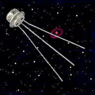 Illustration – Ein Germanium­transistor mit seinen drei Anschlüssen wie ein Sputnik mit seinen drei Antennen